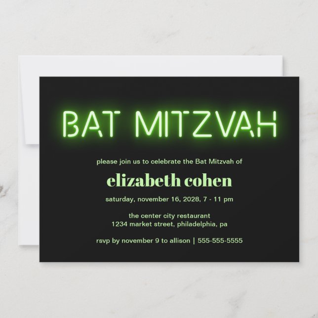 Bat Mitzvah Green Neon Lights Einladung (Vorderseite)