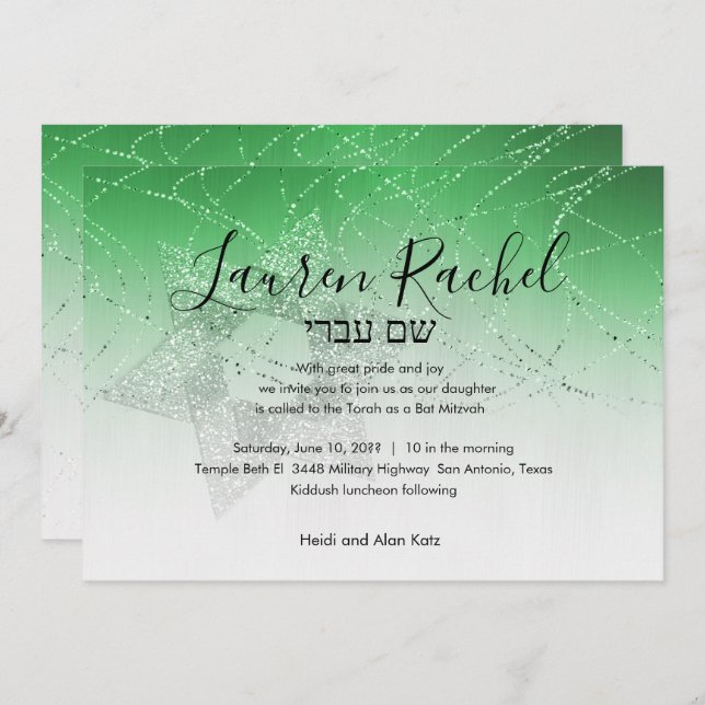 Bat Mitzvah Green Star von David Glittery Einladung (Vorne/Hinten)