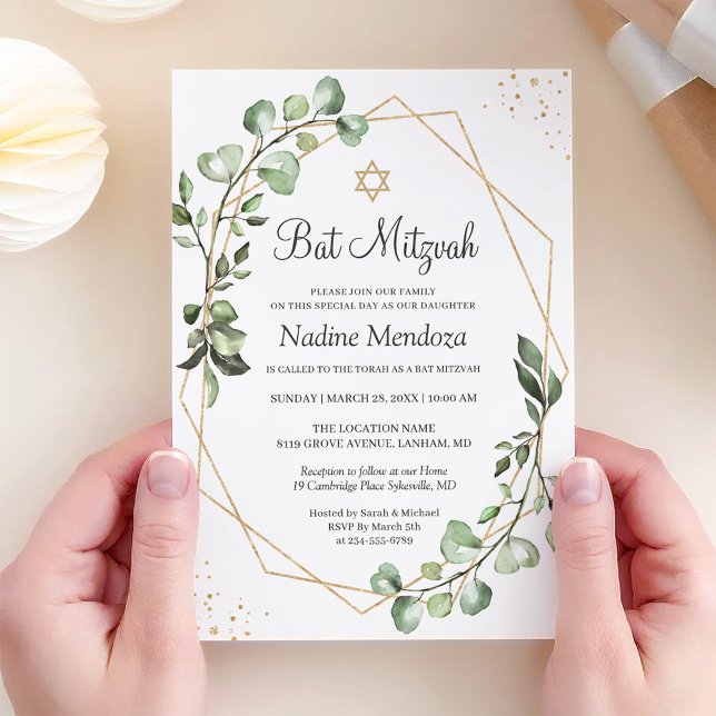 Bat Mitzvah | Greenery Eucalyptus Gold Geometric Einladung (Von Creator hochgeladen)