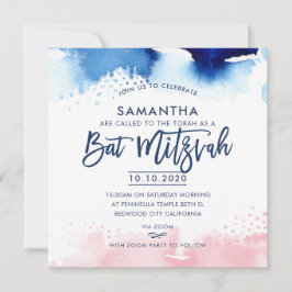 BAT MITZVAH handbuchstabiert blau-rosa Aquarell Einladung
