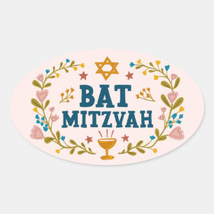 BAT MITZVAH Handgezeichnet blumenjüdischer, indivi Ovaler Aufkleber