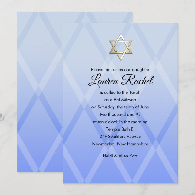 Bat Mitzvah Harlequin Blauer Einladung (Vorne/Hinten)