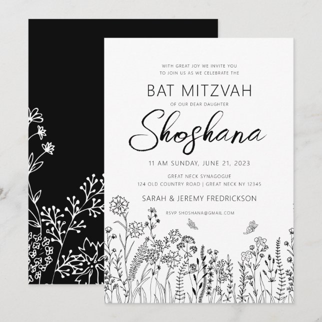 Bat MItzvah HEBREW Handgeschriebenes Skript Floral Einladung (Vorne/Hinten)