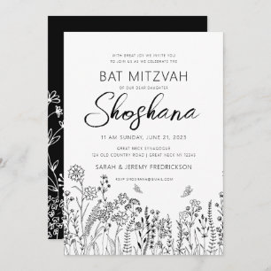 Bat MItzvah HEBREW Handgeschriebenes Skript Floral Einladung