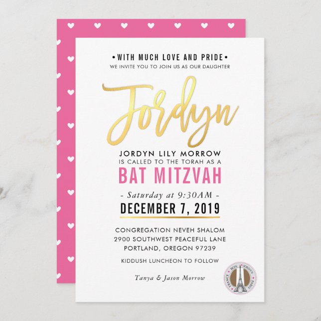 BAT MITZVAH hübsch-rosa Goldskript JORDYN Einladung (Vorne/Hinten)