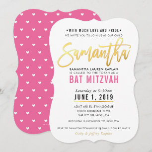 BAT MITZVAH hübsch-rosa Goldskript SAMANTHA Einladung