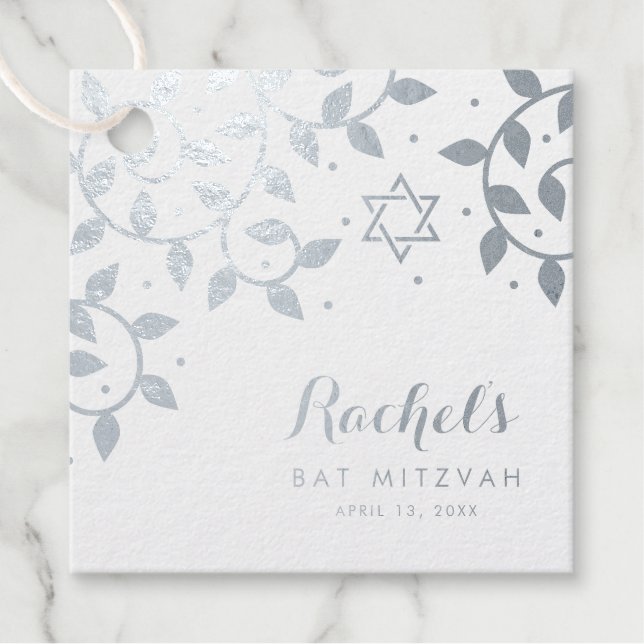 Bat Mitzvah Hübscher Baum des Lebens Silberfolie Geschenkanhänger (Vorderseite)
