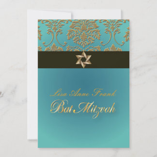 Bat Mitzvah+Imitate Gold Damask/black+aqua Einladung