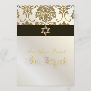Bat Mitzvah+Imitate Gold Damask/Black+Perle Einladung