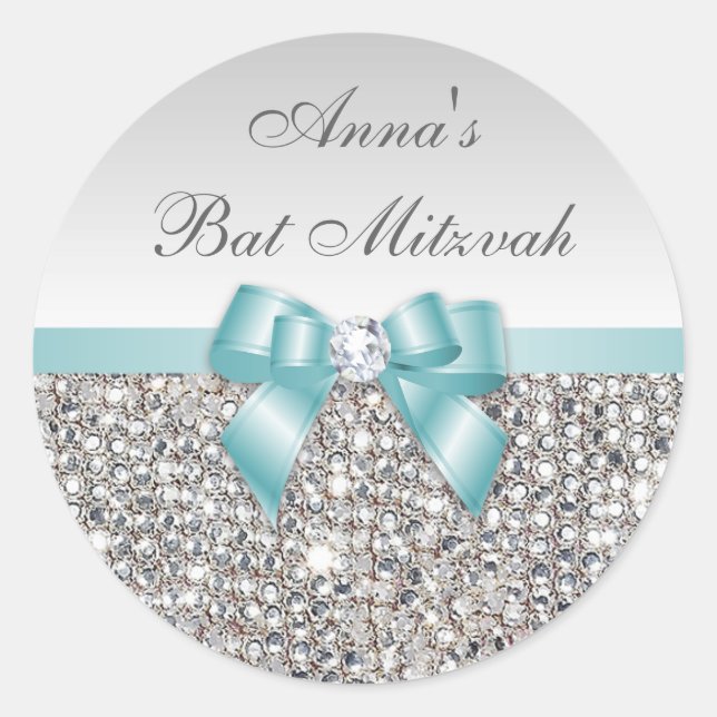 Bat Mitzvah Imitate Silver Sequins Aquamarine Bow  Runder Aufkleber (Vorderseite)
