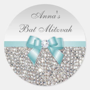 Bat Mitzvah Imitate Silver Sequins Aquamarine Bow Runder Aufkleber