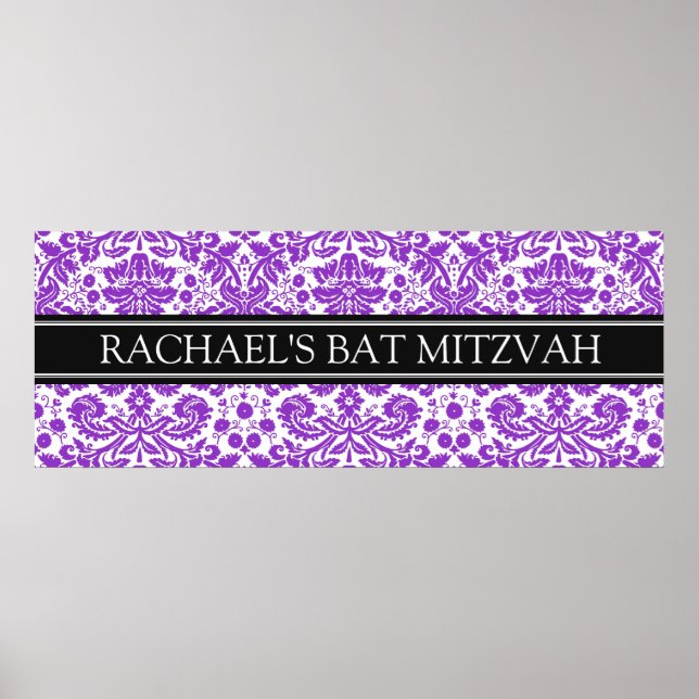 Bat Mitzvah Individuelle Name Banner Lila Damask Poster (Vorne)