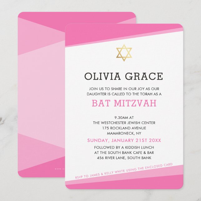 BAT MITZVAH INVITE einfache, moderne Winkel rosa Einladung (Vorne/Hinten)
