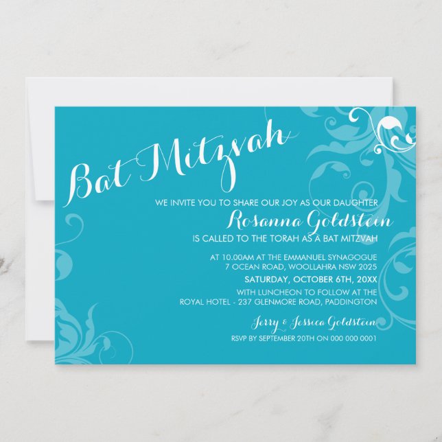 BAT MITZVAH INVITE elegant geblüht türkisfarbenes  Einladung (Vorderseite)