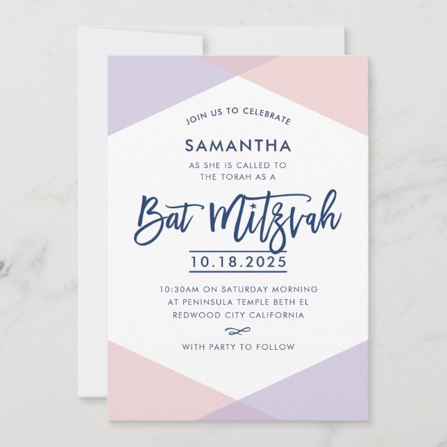 BAT MITZVAH INVITE handsigniert lila, blassrosa Einladung (Vorderseite)