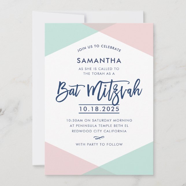 BAT MITZVAH INVITE handsignierte, blassrosa Minze Einladung (Vorderseite)