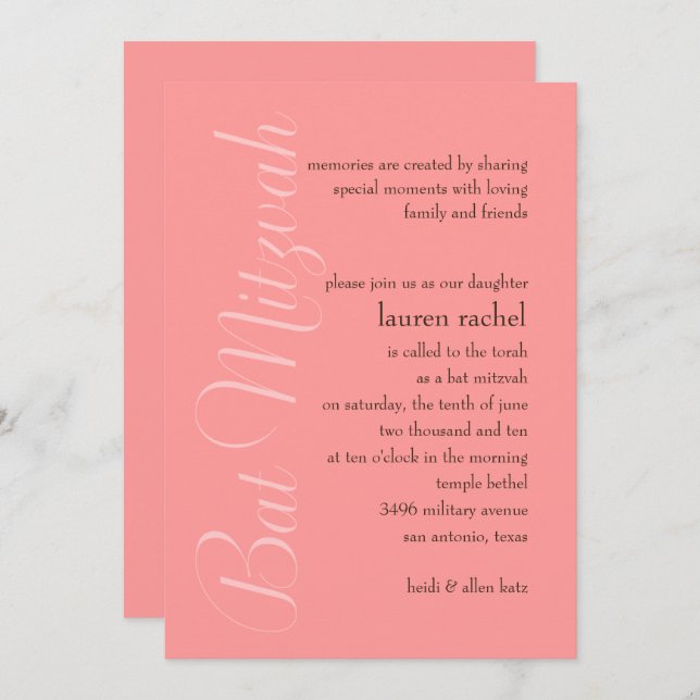 Bat Mitzvah jede Farbe einfache Minimal Einladung (Vorne/Hinten)