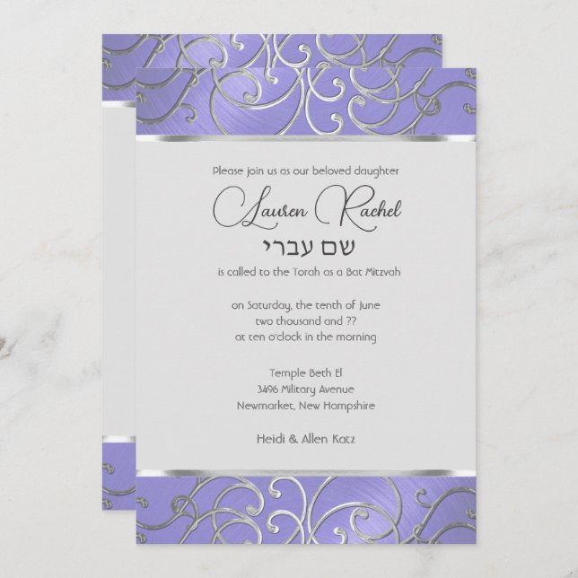 Bat Mitzvah Lavender Lila Silver Filigree Einladung (Vorne/Hinten)