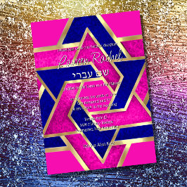 Bat Mitzvah Layered Stars von David Hot Pink Blue Einladung