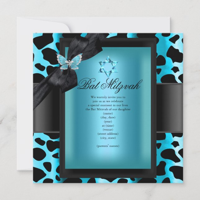 Bat Mitzvah Leopard Aquamarin Blue Butterfly Einladung (Vorderseite)