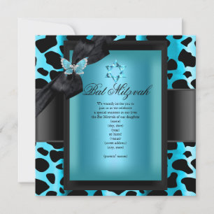 Bat Mitzvah Leopard Aquamarin Blue Butterfly Einladung