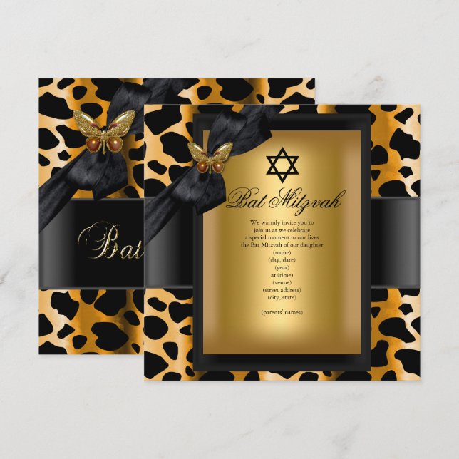 Bat Mitzvah Leopard Gold Black Butterfly Einladung (Vorne/Hinten)