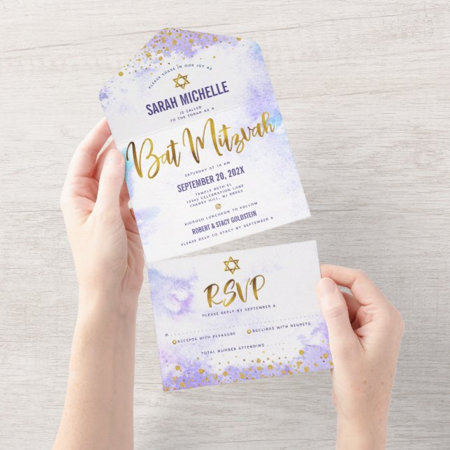 Bat Mitzvah lila Aquarellgold-Skript moderne All In One Einladung (Abreißen)