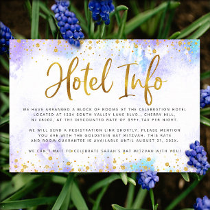 Bat Mitzvah lila Aquarellgoldfolie Hotel info Begleitkarte