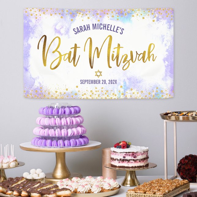 Bat Mitzvah lila Aquarellgoldfolienskript Banner (Von Creator hochgeladen)