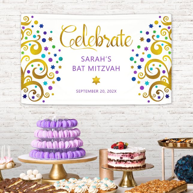 Bat Mitzvah Lila Gold Foil Script Tree of Life Banner (Von Creator hochgeladen)