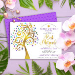 Bat Mitzvah Lila Gold Foil Script Tree of Life Einladung<br><div class="desc">Seien Sie stolz, freuen Sie sich und präsentieren Sie diesen Meilenstein Ihres Lieblings-Bat Mitzvah! Dieses grafische Imitat mit goldfarbenen, funkelnd türkisfarbenen, aquamarinen, lila und blauen Stern von David und dot "Blätter" auf weißem Hintergrund ist die perfekte Einladung für diesen besondere Anlass. Ein winziger, lila Stern von David-Muster, der heller lila...</div>