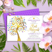 Bat Mitzvah Lila Gold Foil Script Tree of Life