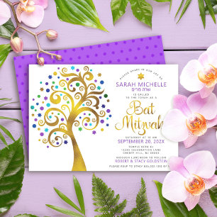 Bat Mitzvah Lila Gold Foil Script Tree of Life Einladung