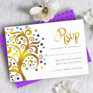 Bat Mitzvah Lila Goldfolie Baum des Lebens Modern RSVP Karte