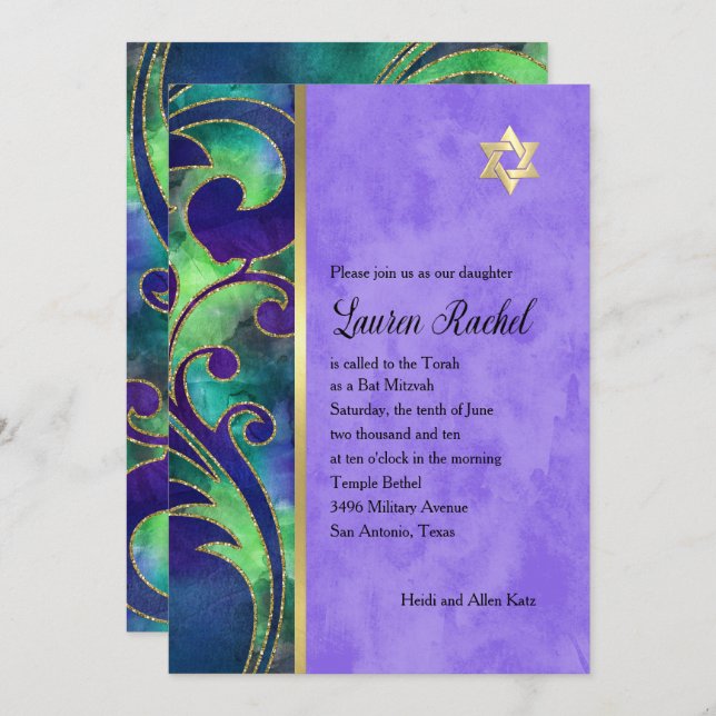 Bat Mitzvah Lila Green Watercolor Gold Akzente Einladung (Vorne/Hinten)