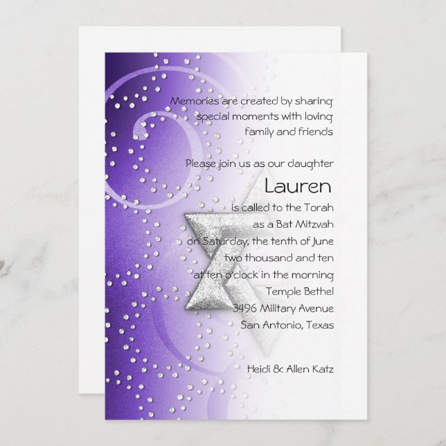 Bat Mitzvah Lila Shimmer Star von David Einladung (Vorne/Hinten)