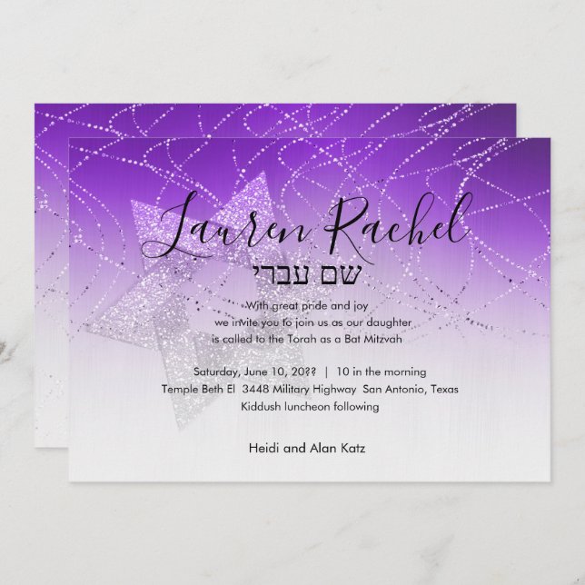 Bat Mitzvah Lila Star von David Glittery Einladung (Vorne/Hinten)