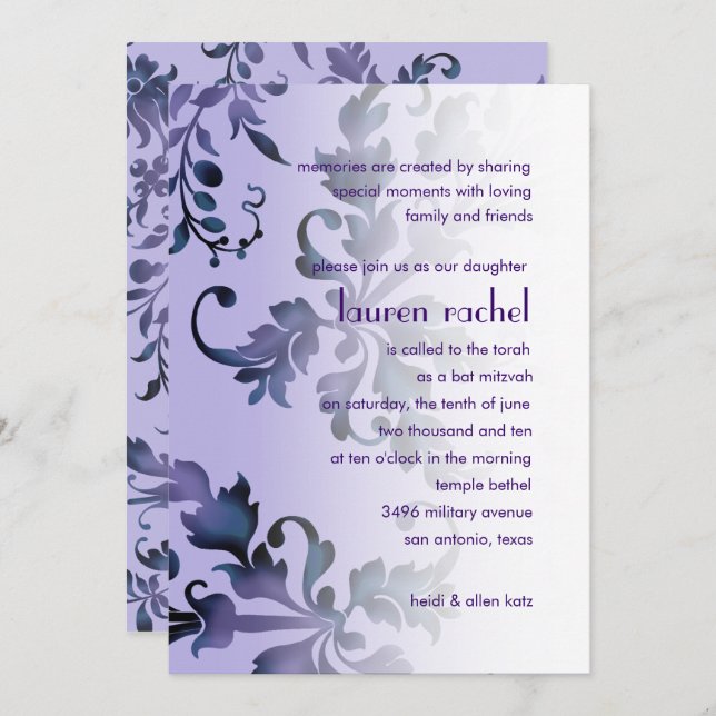 Bat Mitzvah Lila und Blue Foliask Damask Einladung (Vorne/Hinten)