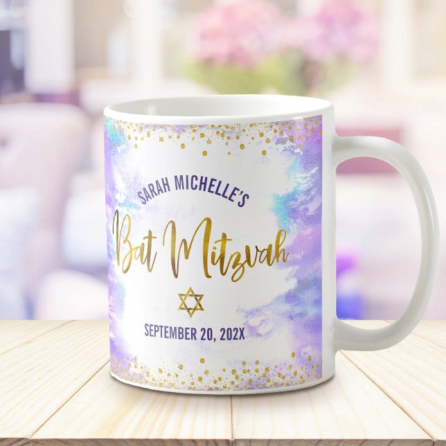 Bat Mitzvah Lila Watercolor Gold Script Confetti Kaffeetasse (Von Creator hochgeladen)