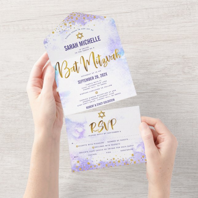 Bat Mitzvah Lila Watercolor Gold Script Party All In One Einladung (Abreißen)