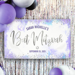 Bat Mitzvah Lila Watercolor Silver Foil Script Banner