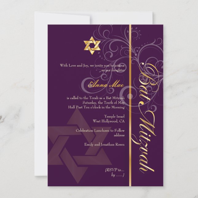 Bat Mitzvah/lilac/plum/gold/dicken Hintergrundfarb Einladung (Vorderseite)
