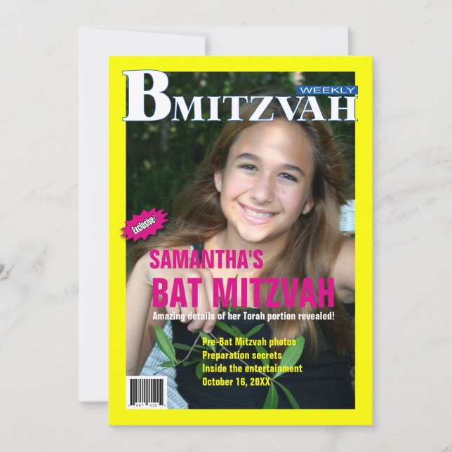 Bat Mitzvah Magazine Einladung Gelb Rosa (Vorderseite)