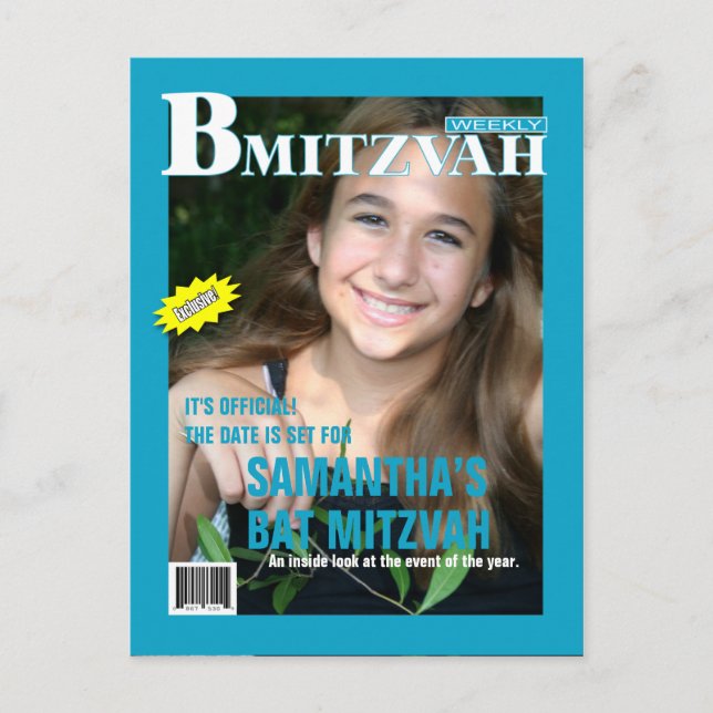 Bat Mitzvah Magazine Save the Date Aquamarin Ankündigungspostkarte (Vorderseite)