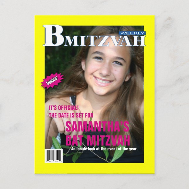 Bat Mitzvah Magazine Save the Date Gelb Rosa Ankündigungspostkarte (Vorderseite)