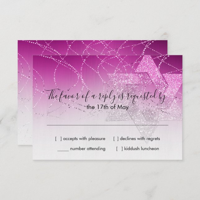 Bat Mitzvah Magenta Pink Star Glittery RSVP Karte (Vorne/Hinten)