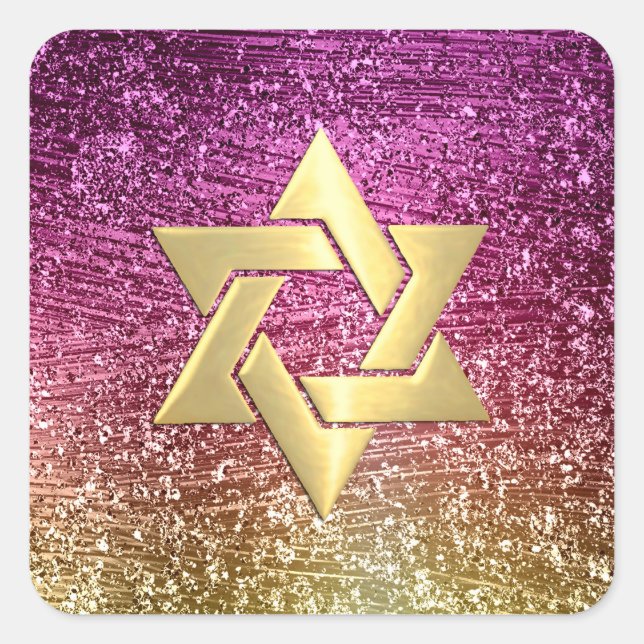 Bat Mitzvah Magenta Pink und Gold Glitterie Quadratischer Aufkleber (Vorderseite)