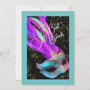 Bat Mitzvah Masquerade Black Pink Blue Einladung