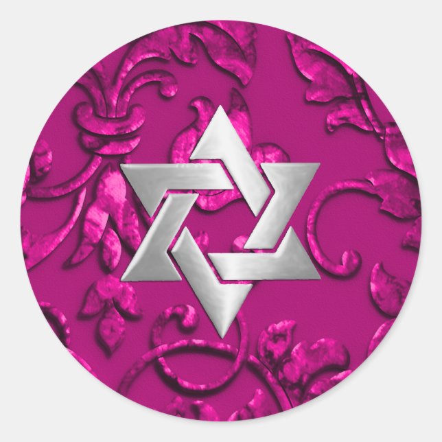 Bat Mitzvah Metallic Embossed Look Damask Magenta Runder Aufkleber (Vorderseite)