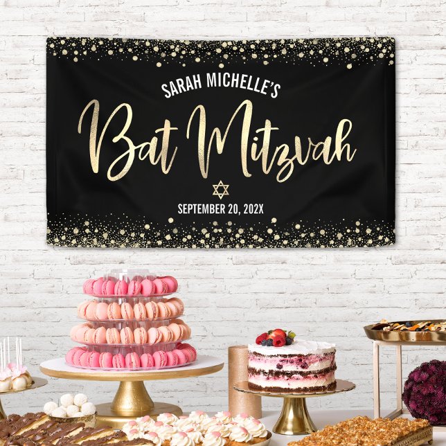 Bat Mitzvah Modern Black Gold Foil Glitzer Script Banner (Von Creator hochgeladen)
